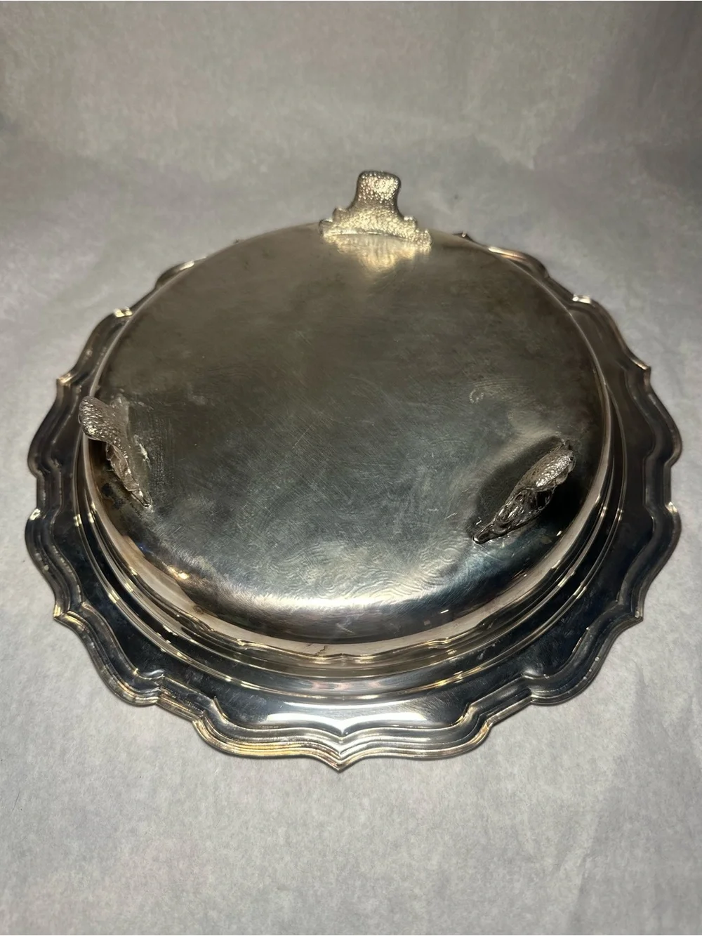 Vintage Silver-plated Tri-footed Tray with Ornate Decorative Engraving